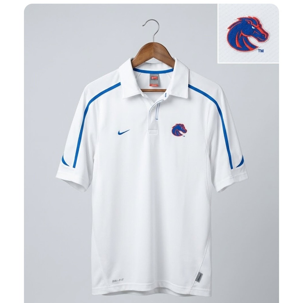 Nike Team Boise State Broncos Dri-FIT Polo Shirt Mens Small White Blue BSU NCAA